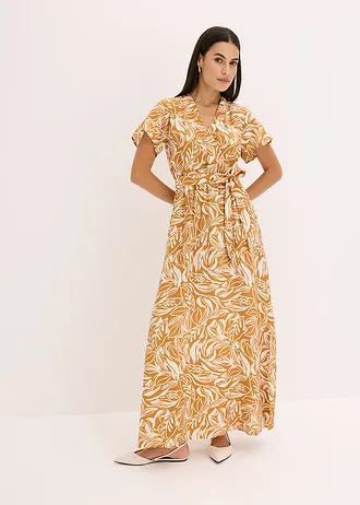 Gedessineerde maxi jurk van een viscosemix, Kleur: wolwit-lichtbruin gebloemd