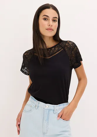 Bluză cu dantelă, culoare: negru