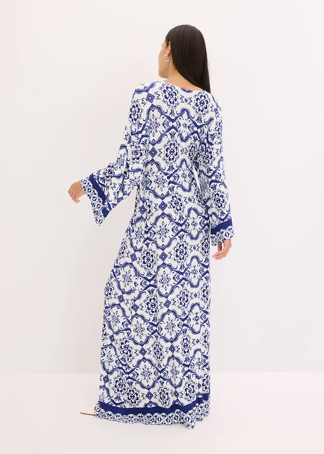 Robe longue et douce en jersey viscose, Couleur: blanc/bleu imprimé