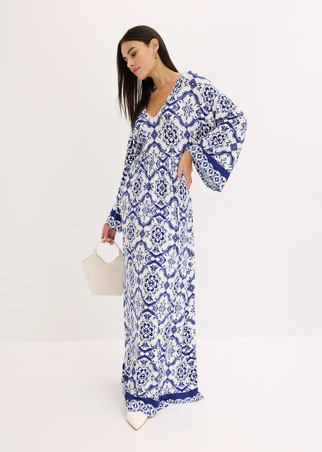 Robe longue et douce en jersey viscose, Couleur: blanc/bleu imprimé