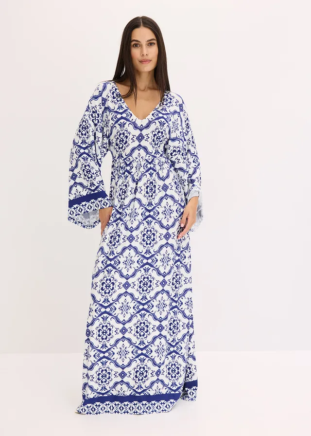 Robe longue et douce en jersey viscose, Couleur: blanc/bleu imprimé