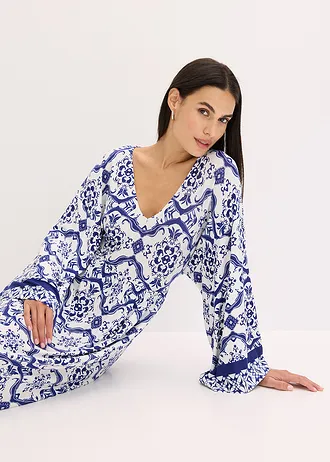 Robe longue en viscose extensible • blanc-bleu imprimé • Boutique bonprix