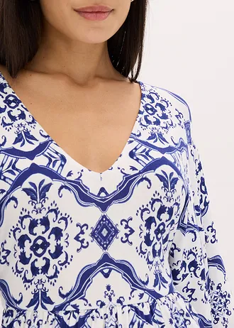 Robe longue en viscose extensible • blanc-bleu imprimé • Boutique bonprix