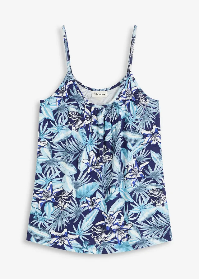 Top van een zachte viscosemix met spaghettibandjes, Kleur: blauw gebloemd