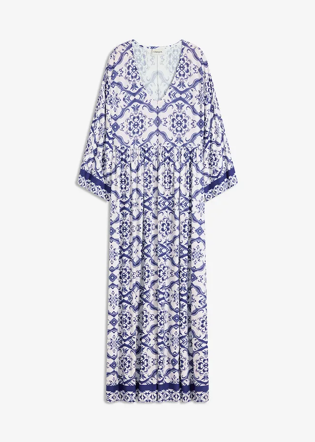 Robe longue et douce en jersey viscose, Couleur: blanc/bleu imprimé