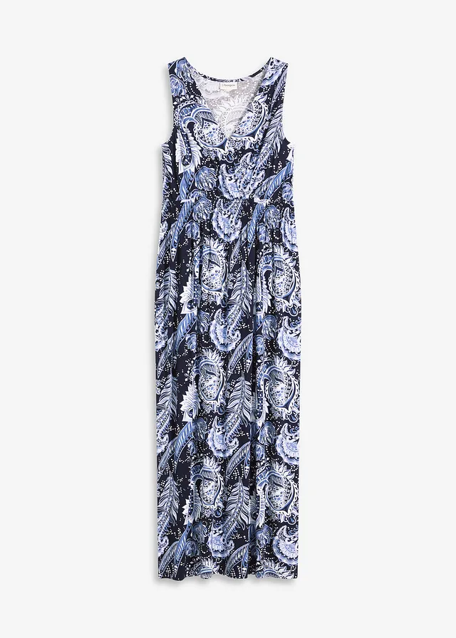 Robe longue en viscose douce et extensible, Couleur: bleu foncé-bleu clair paisley