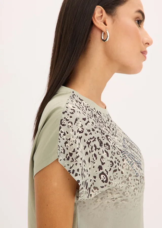 Shirt met geweven inzetstuk en glinsterende steentjes • zeegras luipaardprint • product-page.page-title-suffix