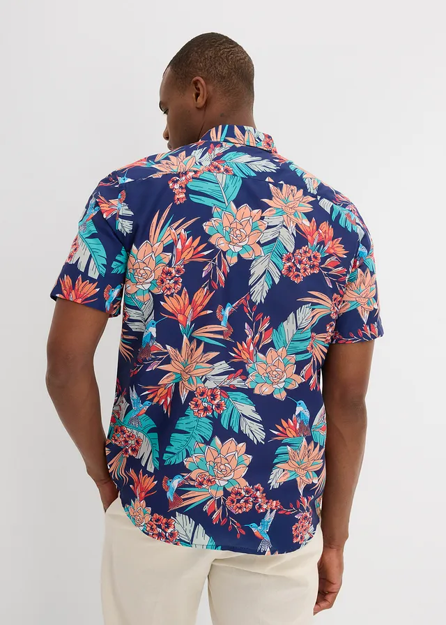 Chemise manches courtes en viscose, Couleur: bleu nuit imprimé