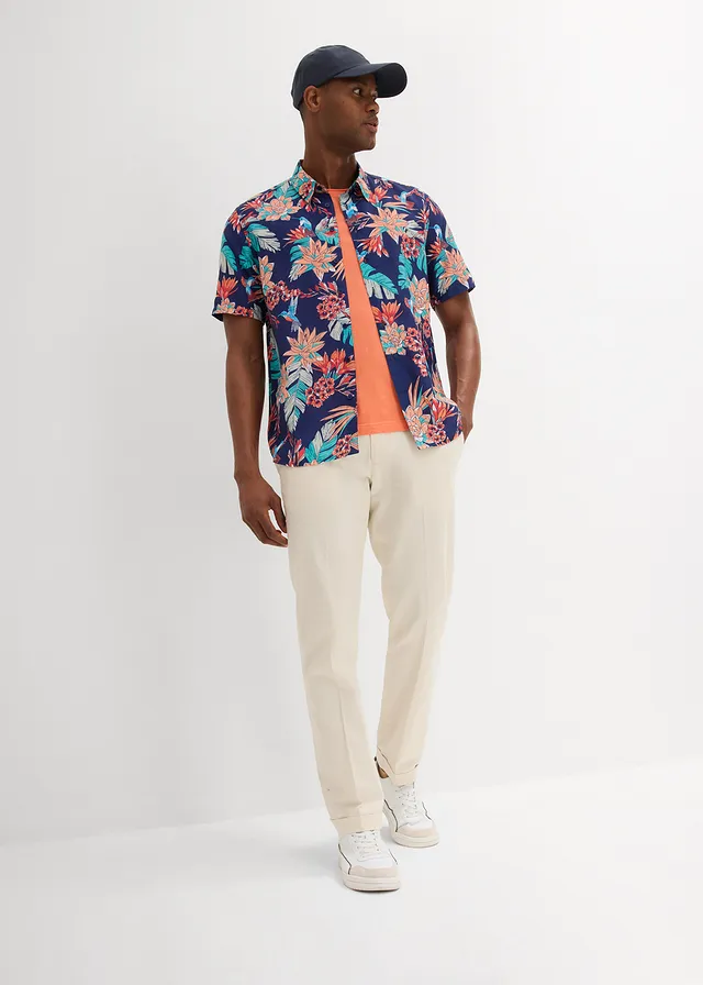 Overhemd met korte mouwen van viscose, Kleur: middernachtblauw met print
