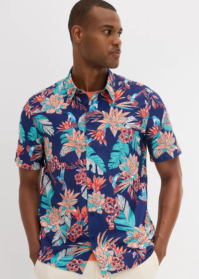 Overhemd met korte mouwen van viscose, Kleur: middernachtblauw met print