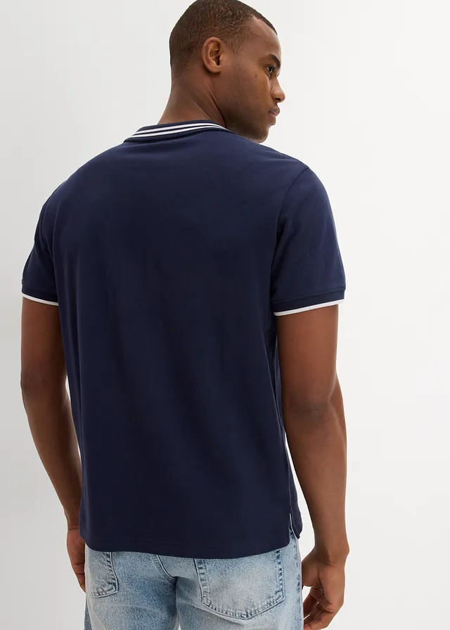 Polo col V en maille piquée, Couleur: bleu foncé
