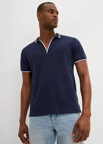 Triko polo z piké, s výstřihem do V, barva: tmavě modrá
