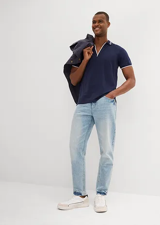 Triko polo z piké, s výstřihem do V, barva: tmavě modrá