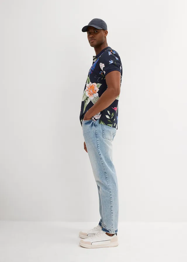 Polo 100% coton en maille piquée, Couleur: bleu foncé floral