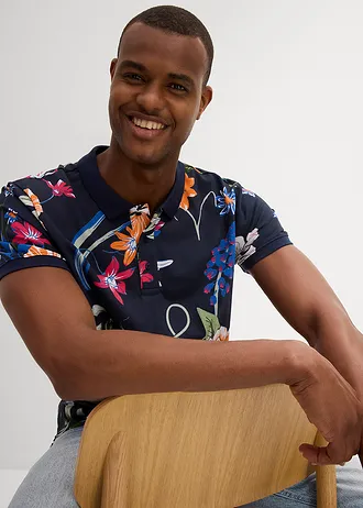 Shirt polo z czystej bawełny • ciemnoniebieski w roślinny wzór • sklep bonprix