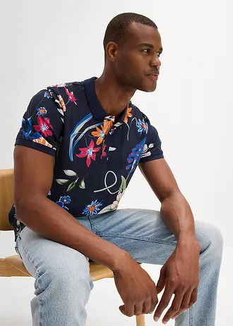 Polo 100% coton en maille piquée • bleu foncé floral • Boutique bonprix