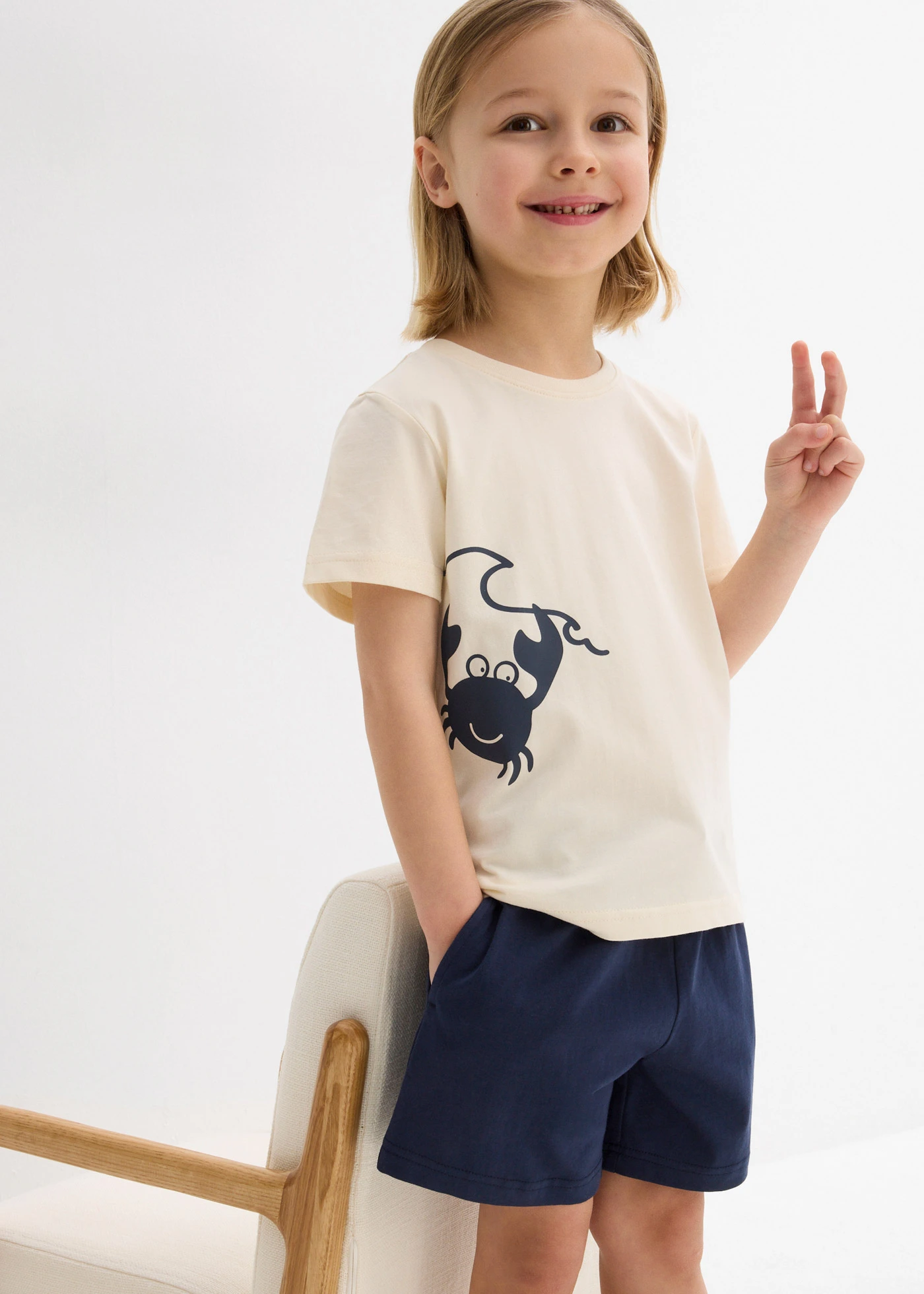 Tričko a krátké žerzejové šortky (2dílná souprava) z organické bavlny • tmavě modrá + béžová • bonprix obchod