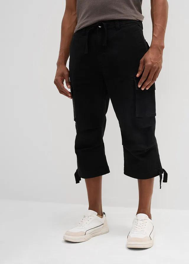 Spodnie cargo 3/4 ze stretchem, loose fit, bardzo szerokie, kolor: czarny