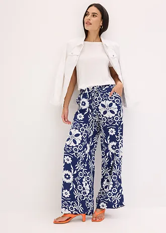 Kalhoty Marlene ze splývavé viskózy • intenzivní modro-přírodní bílá s potiskem • bonprix obchod