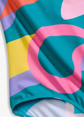 Stahovací jednodílné plavky, multiway ramínka, lehký tvarující efekt • petrolejovo-pestré barvy s grafickým potiskem • bonprix obchod