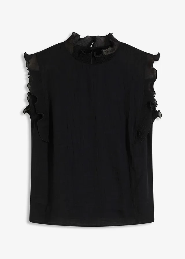 Blouse met volants, Kleur: zwart
