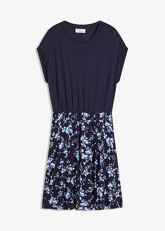 Jersey jurk van een viscosemix, Kleur: donkerblauw/lichtblauw gebloemd