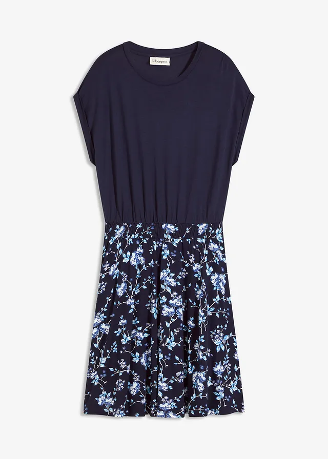 Jersey jurk in een viscosemix • donkerblauw/lichtblauw gebloemd • bonprix online shop