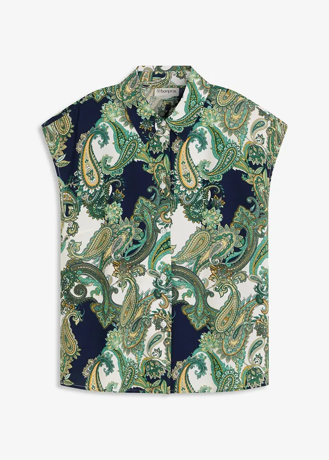 Gedessineerde blouse van soepele viscose, Kleur: donkerblauw-wit-lichtgroen paisley
