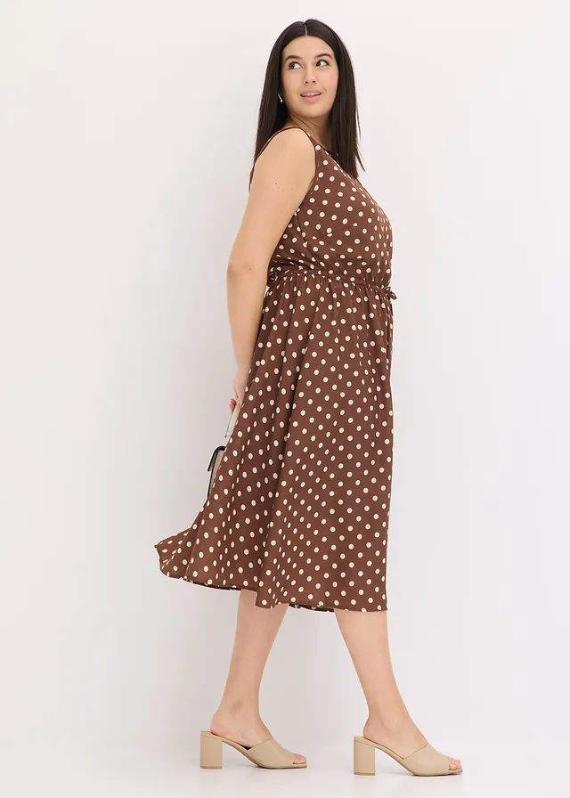 Midi jurk met strikceintuur, Kleur: lichtbruin/sandbeige gestippeld