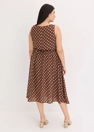 Midi jurk met bindceintuur, Kleur: gestipt lichtbruin-sandbeige