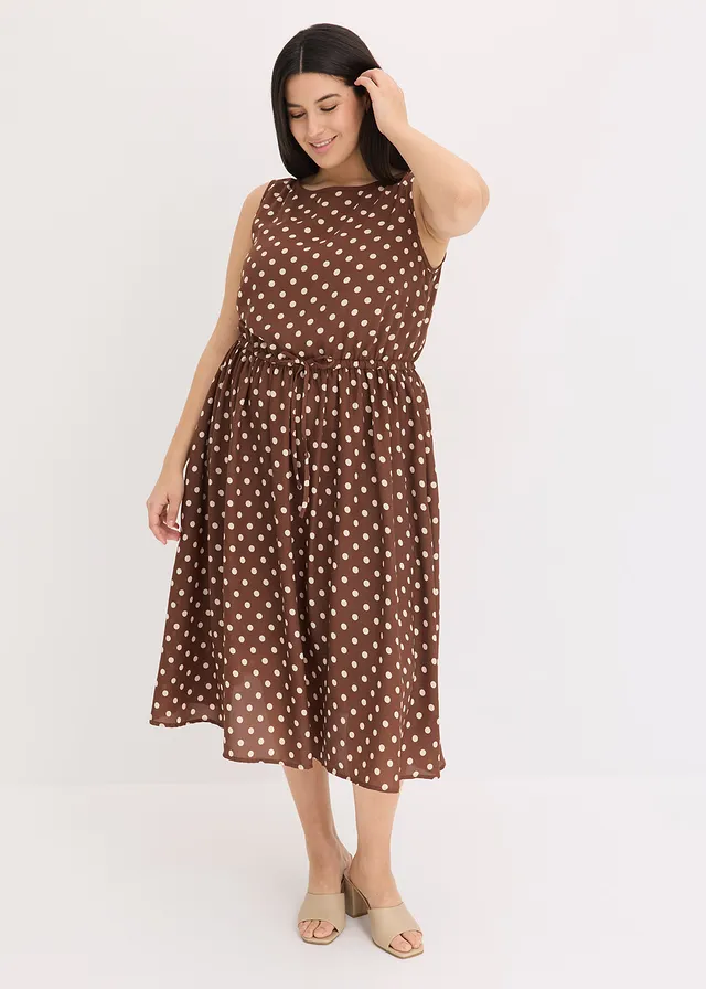 Midi jurk met strikceintuur, Kleur: lichtbruin/sandbeige gestippeld