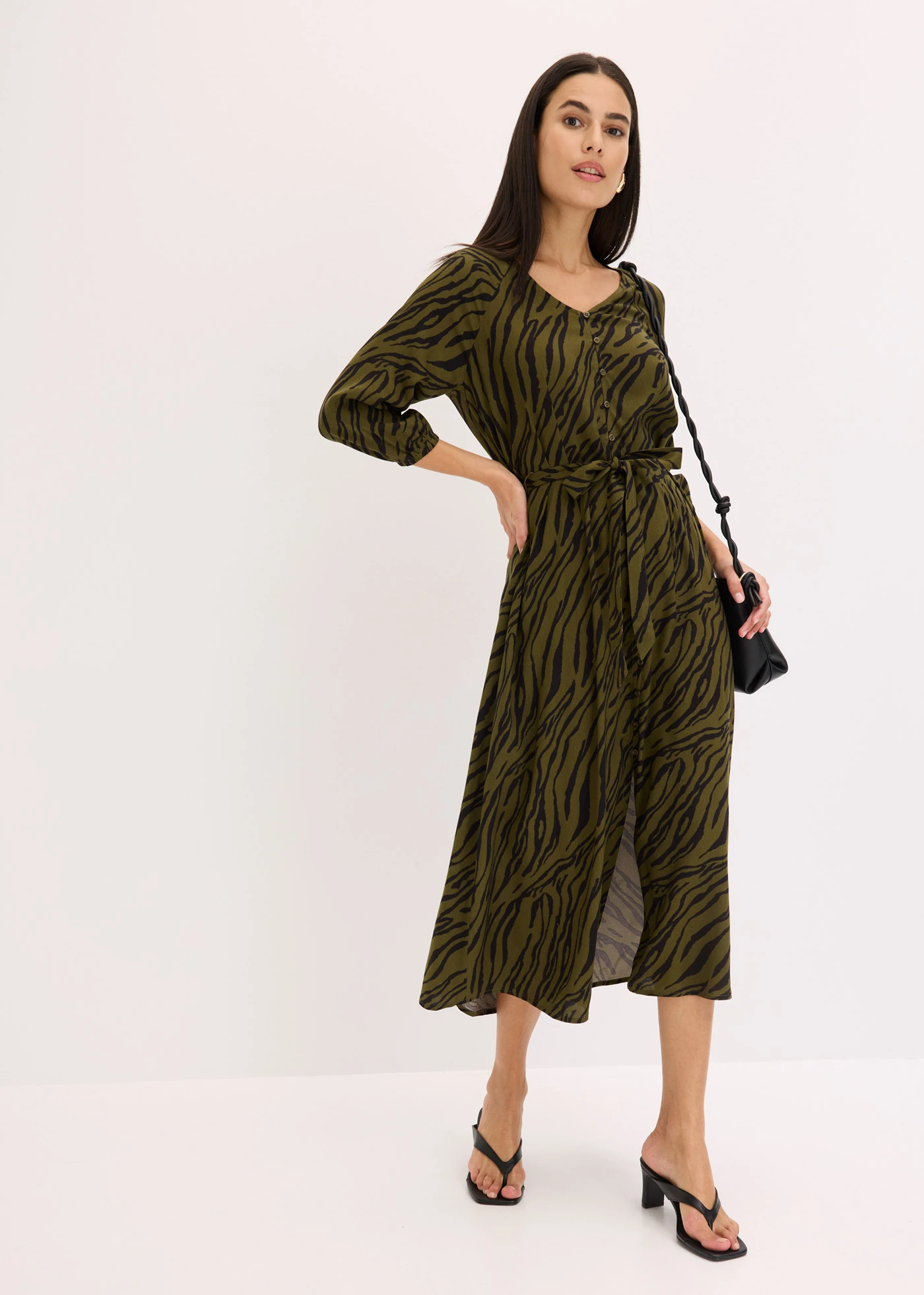 Midi jurk van soepele viscose • zebraprint donkerkaki/zwart • bonprix online shop