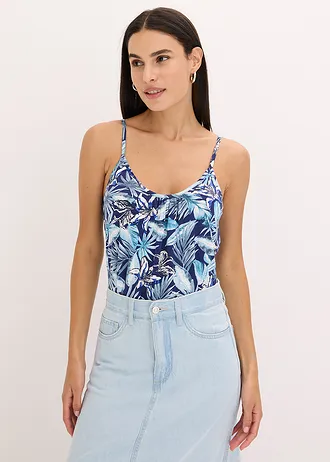 Top van een zachte viscosemix met spaghettibandjes, Kleur: blauw gebloemd
