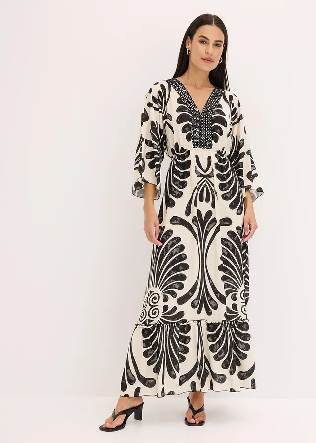 Maxi jurk van soepele viscose, Kleur: zwart-wolwit gedessineerd