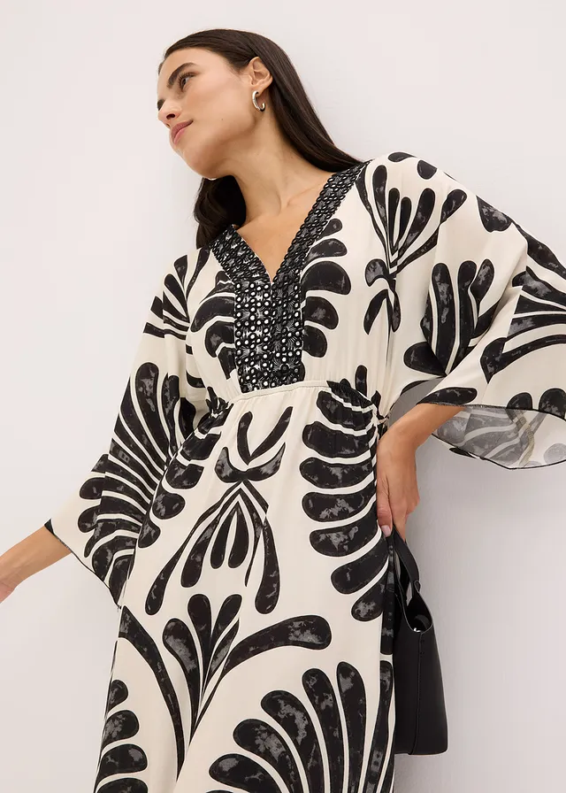 Robe longue en viscose fluide • noir/écru imprimé • product-page.page-title-suffix
