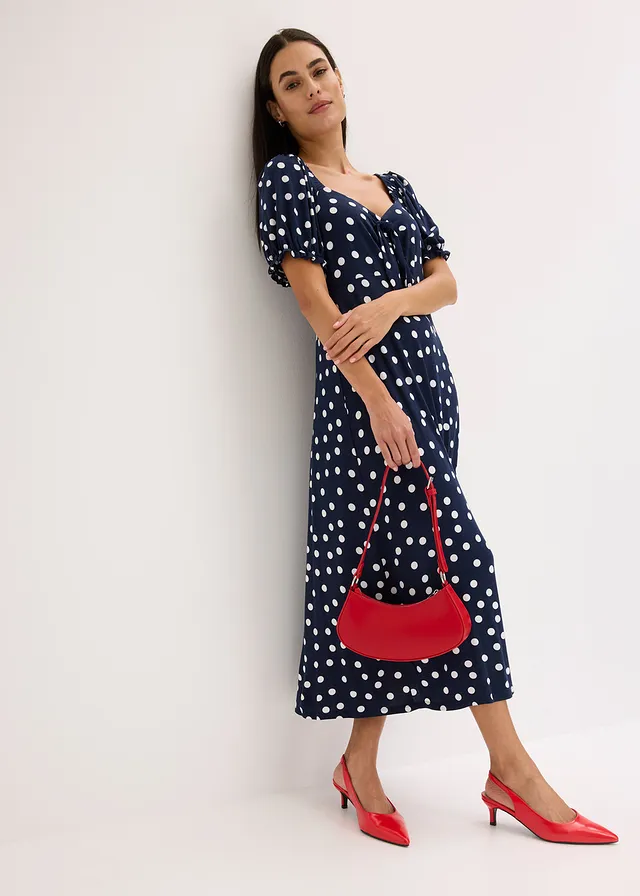 Robe midi en viscose extensible • bleu foncé pois blanc • product-page.page-title-suffix