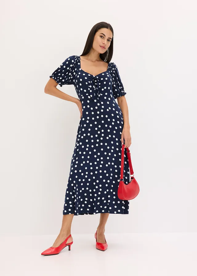 Robe midi en viscose extensible • bleu foncé pois blanc • product-page.page-title-suffix