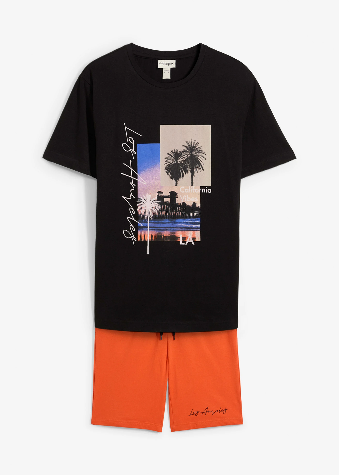 T-shirt et bermuda sweat 100% coton (ens. 2 pces) • noir + orange mat imprimé • Boutique bonprix