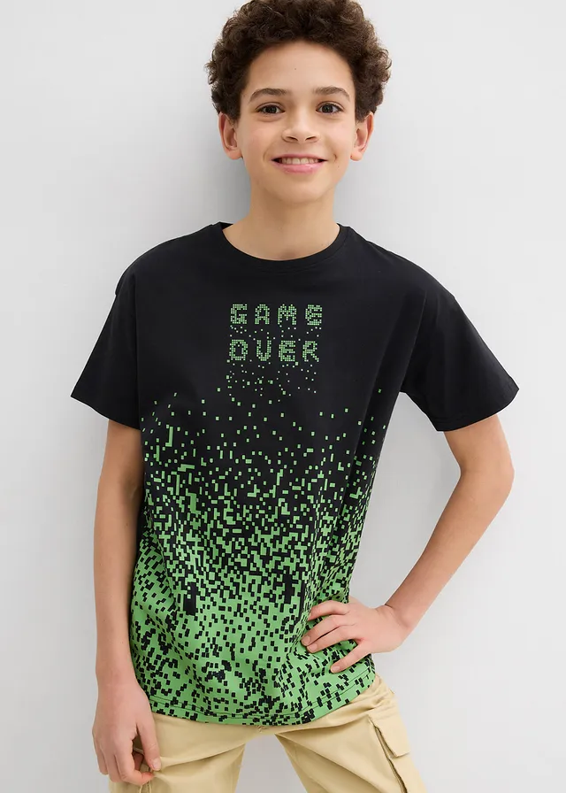 T-shirt 100% coton, Couleur: noir/vert mat imprimé graphique