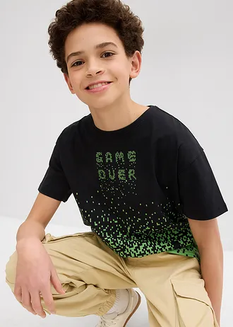 Jongens T-shirt van biologisch katoen • zwart/mat mosgroen met grafische print • bonprix online shop