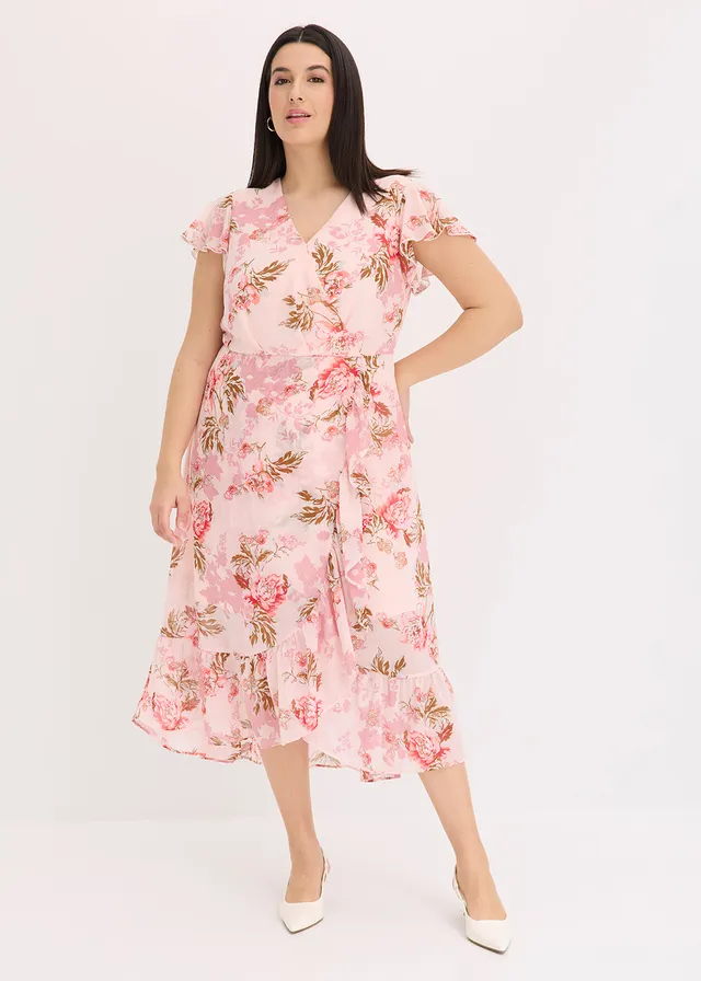 Chiffon jurk met volants, Kleur: roze gebloemd