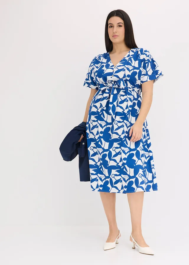 Robe midi, Couleur: bleu arctique-écru floral