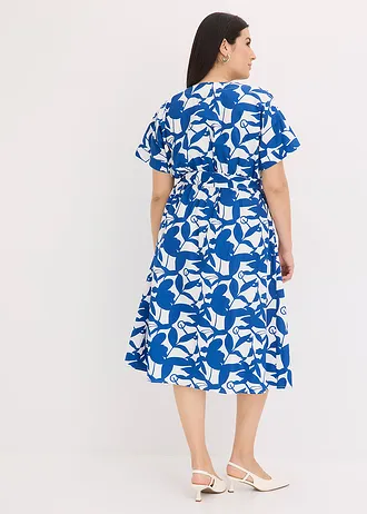 Overhemdjurk met zwierende rok, Kleur: arctisch blauw-wolwit met print