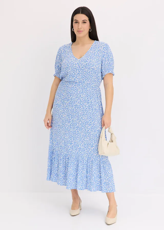 Robe longue 100% viscose, Couleur: bleu/blanc floral