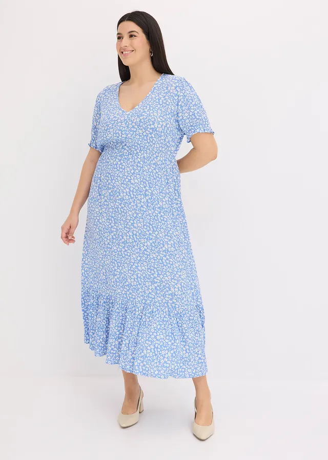 Robe longue 100% viscose, Couleur: bleu/blanc floral