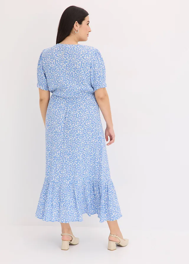 Robe longue 100% viscose, Couleur: bleu/blanc floral