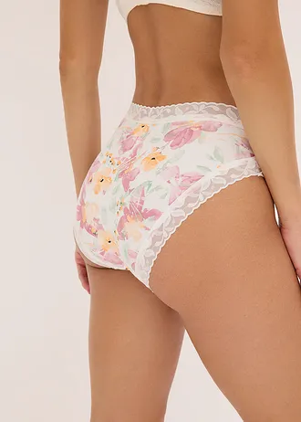 Chilot maxi cu bumbac organic și dantelă (set/5perechi), culoare: ecru floral + ecru + mov-afină sorbet + verde