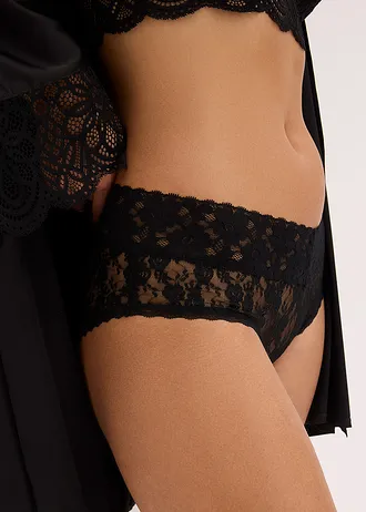 Kanten slip met plooitjes, high waist (set van 4) • zwart • bonprix online shop