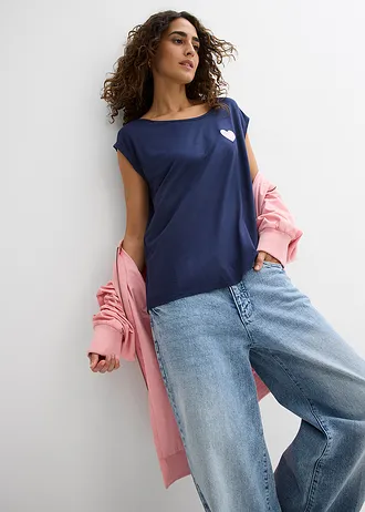 Bluză cu poala prelungită la spate din material vaporos cu viscoză • bleumarin/roz-cristal • magazin bonprix