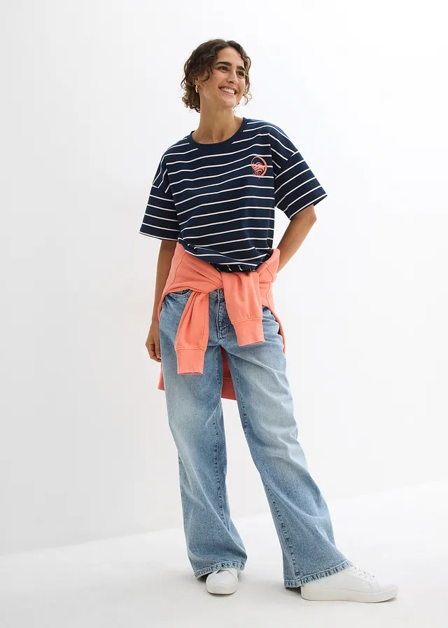 Sweater in een zachte katoenmix, Kleur: donkerblauw/wolwit gestreept